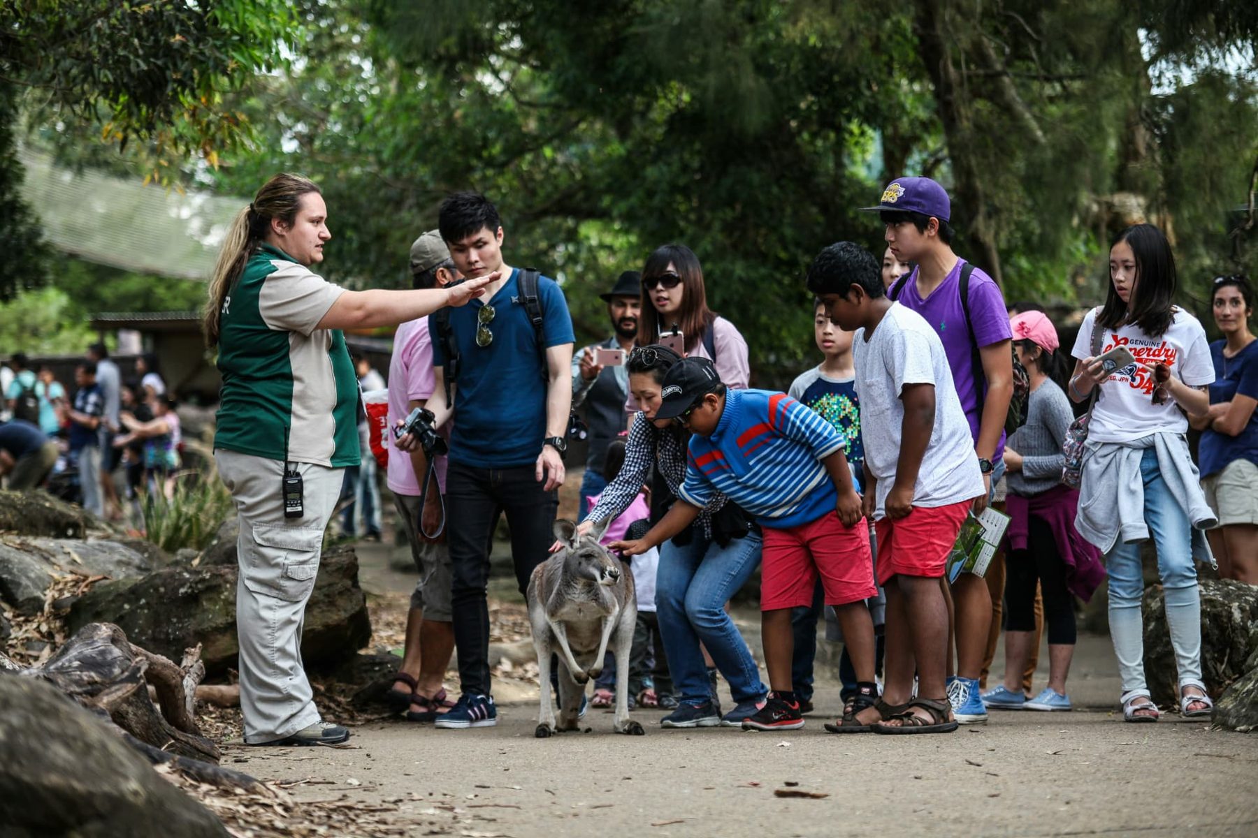 A zoo educator engaging a crowd of curious guests