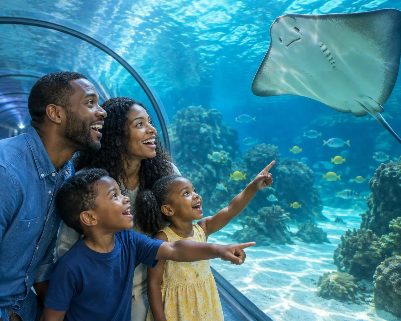 Family smiling at a stingray in an aquarium tunnel