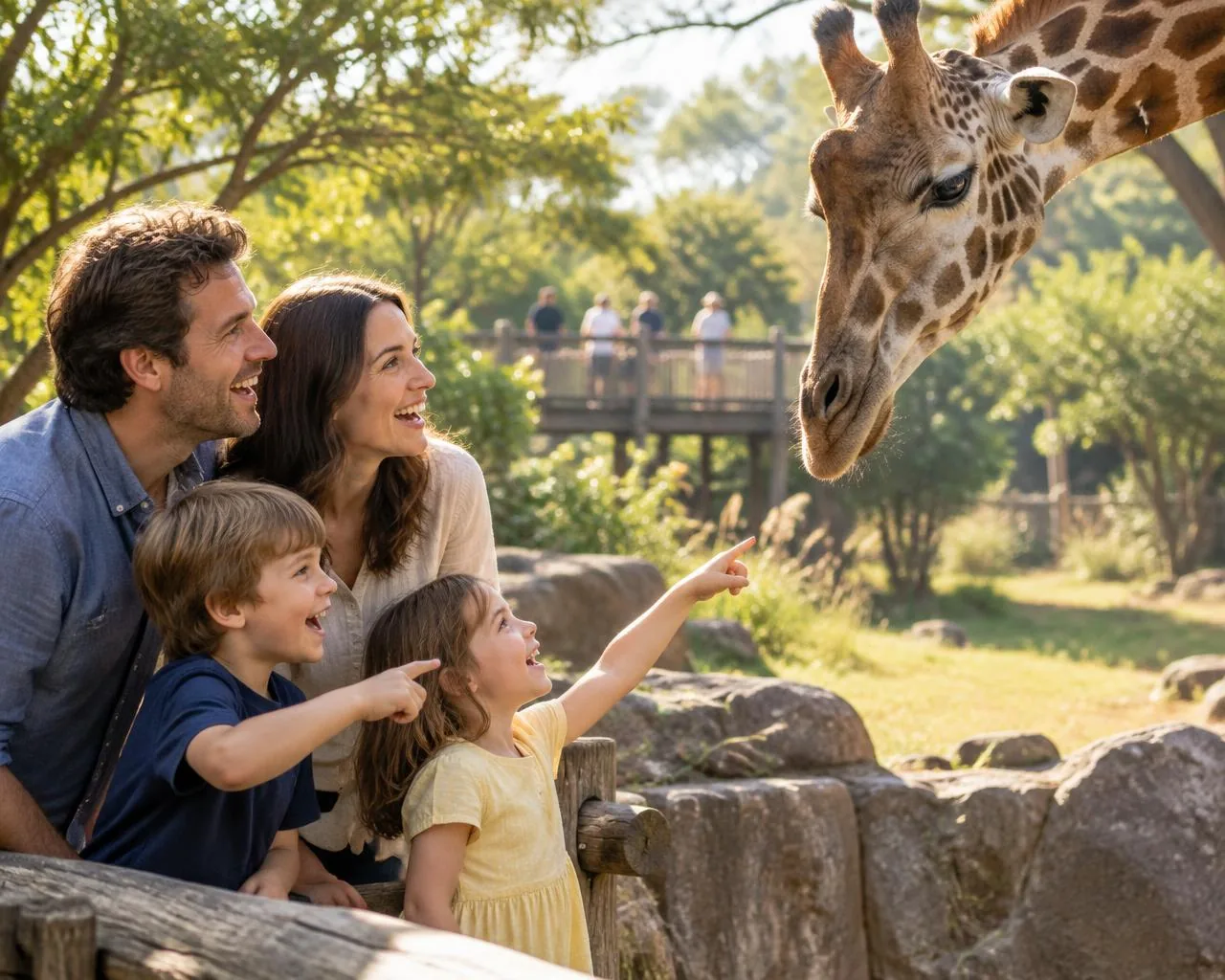 A family sharing a giraffe encounter at a zoo